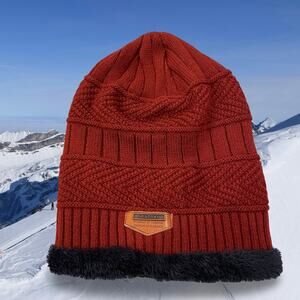 Hindawi Beanie Hat Unisex Burgundy Red Navy Faux Fur Lined Knit Winter Cap OSFM